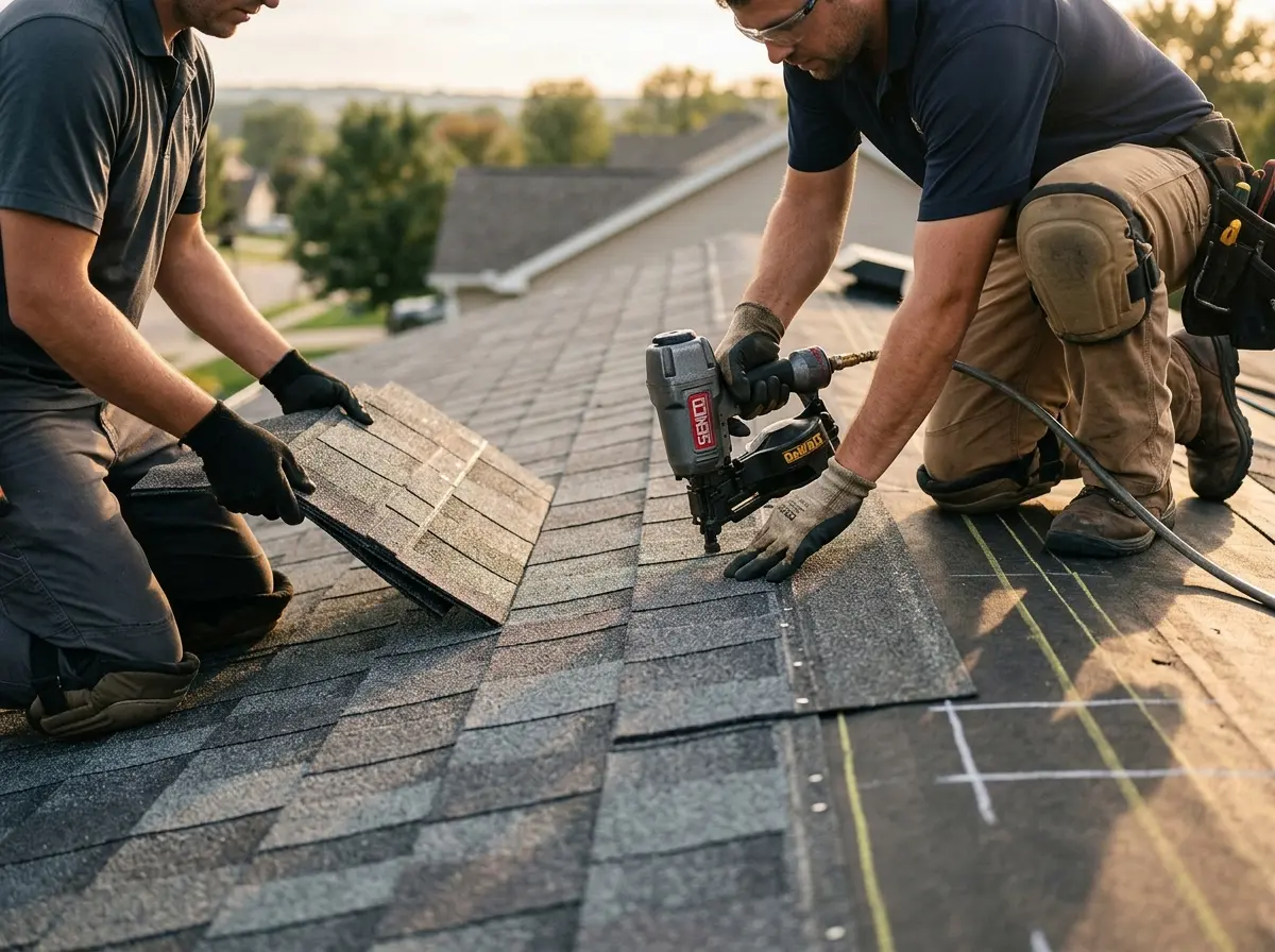 Professional roofer working on a residential roof in Oronoko